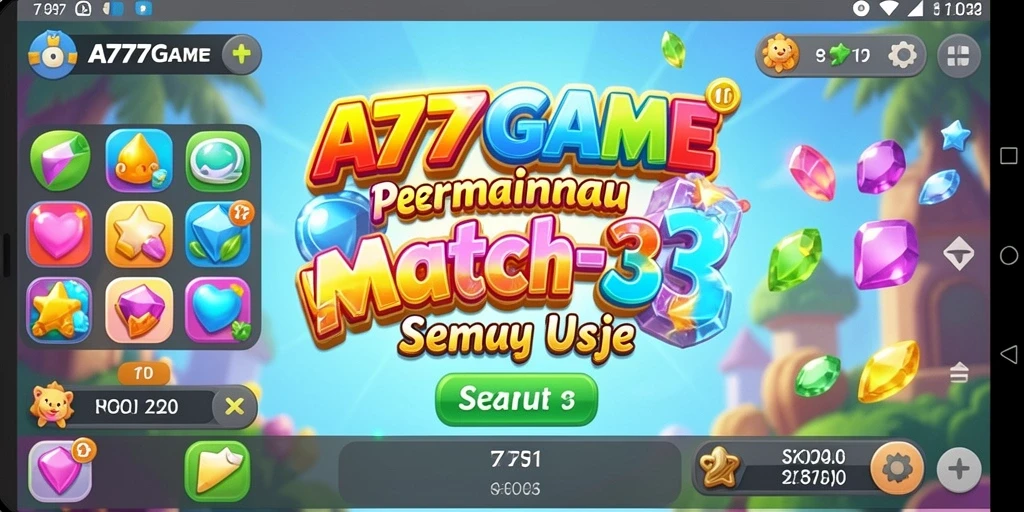Tampilan gameplay Match-3 A777GAME yang penuh warna dan seru.