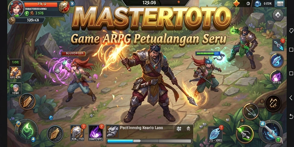 Screenshot MASTERTOTO menampilkan karakter dalam pertempuran seru melawan monster.